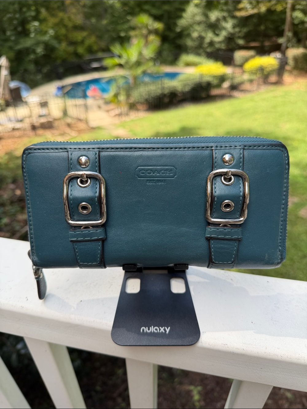 Coach Teal Leather Zip-Around Wallet with Buckle Accents